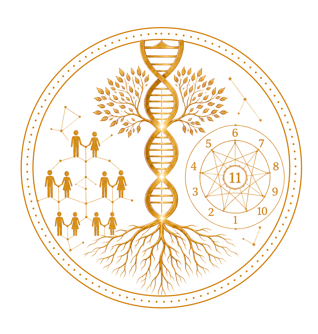 Emblema dorado con ADN, árbol, genealogía y numerología evolutiva